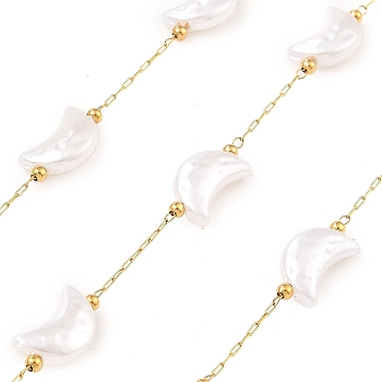 Ion Plating(IP) 304 Stainless Steel Paperclip Chains, Soldered, with ABS Imitation Pearl Beads, Real 18K Gold Plated, Real 18K Gold Plated, 13x8.5x4.5mm, about 16.40 Feet(5m)/Roll