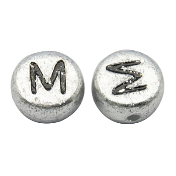 Silver Color Plated Acrylic Horizontal Hole Letter Beads, Flat Round, Letter.M, 7x3.5mm, Hole: 1mm, about 108pcs/15g