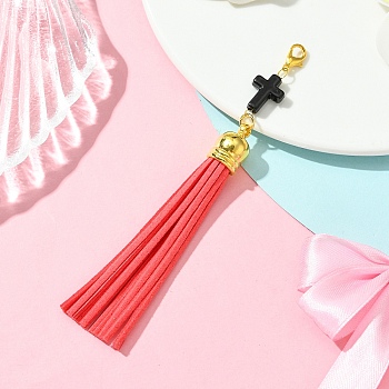 Cross Acrylic & Faux Suede Tassel Pendant Decorations, with Alloy Lobster Claw Clasps, Light Coral, 120mm