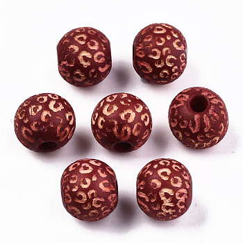 Painted Natural Wood Beads, Laser Engraved Pattern, Round with Leopard Print, FireBrick, 10x8.5mm, Hole: 2.5mm