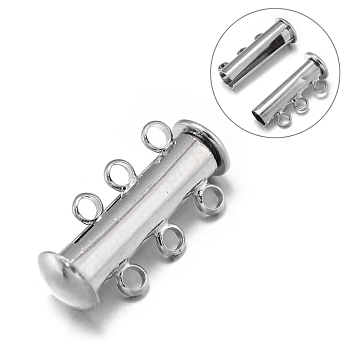 3-Strands 6-Holes Tube Brass Magnetic Slide Lock Clasps, Nickel Free, Platinum, 21x10x6.5mm, Hole: 2mm