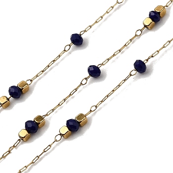 Handmade 304 Stainless Steel Glass Round Link Chains, Soldered, with 316 Stainless Steel Cable Chains & Spool, Ion Plating(IP), Real 18K Gold Plated, Black, Beads: 3x2.5mm & 2x2x2mm