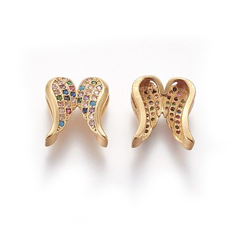 Brass Micro Pave Cubic Zirconia Slide Charms, Wing, Colorful, Golden, 13.5x12x5.5mm, Hole: 2x10.5mm