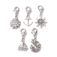 Marine Theme Alloy Pendant Decorations, with Lobster Claw Clasps, Shell/Boat/Anchor/Helm/Conch, Antique Silver & Platinum, 35~40mm(HJEW-JM01395)