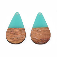 Transparent Resin & Walnut Wood Pendants, Teardrop Shape Charm, Turquoise, 38x22x3mm, Hole: 2mm(RESI-N025-030-C04)