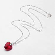 Glass Pendants Necklaces, with Brass Chains, Faceted Heart, Silver Color Plated, Red, 17.7 inch(NJEW-JN01691-03)