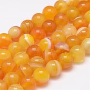 Natural Striped Agate/Banded Agate Bead Strands, Round, Grade A, Dyed & Heated, Gold, 10mm, Hole: 1mm, about 37~38pcs/strand, 14.5 inch(G-K155-A-10mm-06)