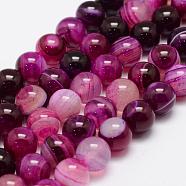 Natural Striped Agate/Banded Agate Bead Strands, Round, Grade A, Dyed & Heated, Deep Pink, 10mm, Hole: 1mm, about 37~38pcs/strand, 14.5 inch(G-K155-A-10mm-02)