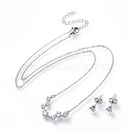 304 Stainless Steel Jewelry Sets, Brass Micro Pave Cubic Zirconia Pendant Necklaces and 304 Stainless Steel Stud Earrings, with Ear Nuts/Earring Back, Twelve Constellations, Clear, Aquarius, 18.3 inch(46.5cm), 5.5x4mm, Pin: 0.8mm(SJEW-F211-01A-P)