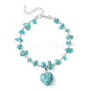 Synthetic Turquoise Heart Charm Bracelet with Chips Beaded Chains, Brass Bracelet, 9 inch(22.8cm)(BJEW-TA00295-03)
