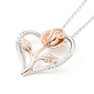 Clear Cubic Zirconia Heart with Rose Pendant Necklace, Two Tone Brass Jewelry for Women, Platinum & Rose Gold, Pedants: 25x24x8.5mm, 15.94 inch(40.5cm)(NJEW-F293-01D-RG)