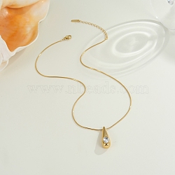 304 Stainless Steel Pave Clear Cubic Zirconia Pendant Necklaces, Teardrop, Golden, 15.75 inch(40cm)(WG74186-01)