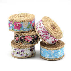 Burlap Ribbon, Hessian Ribbon, Jute Ribbon, with Prined Polyester Ribbon, for Jewelry Making, Mixed Color, 1-1/8 inch(28mm), about 2.187yards/roll(2m/roll), 24rolls/bag(OCOR-R071-21)