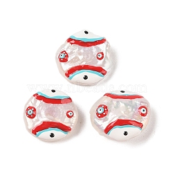 Natural Keshi Pearl Enamel Beads, Hand Drawn Beads, Flat Round with Evil Eye Pattern, FireBrick, 19~21x17~19x6~7mm, Hole: 0.8mm(PEAR-G014-04C)