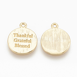 Brass Charms, Flat Round with Thankful Grateful Blessed, Nickel Free, Real 18K Gold Plated, 13x11x1mm, Hole: 1mm(KK-T020-84G)