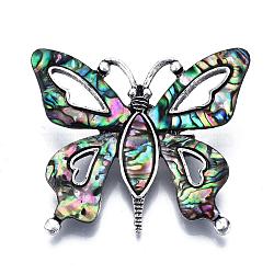 Abalone Shell/Paua Shell Brooches/Pendants, with Alloy Findings and Resin Bottom, Butterfly, Antique Silver, Colorful, 41.5x50mm, Pin: 0.6mm(SHEL-S275-38)