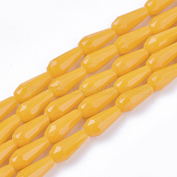Opaque Solid Color Glass Beads Strands, Imitation Jade, Faceted, Teardrop, Orange, 9~10x4mm, Hole: 1mm, about 72pcs/Strand, 26.38~27.17 inch(67~69cm)(GLAA-T009-001D)