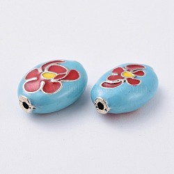Alloy Enamel Beads, Oval with Flower, LightSkyBlue, Antique Silver, 14x10.5x6mm, Hole: 1mm(ENAM-G077-03AS)