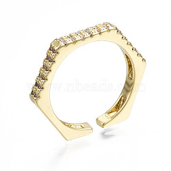 Brass Micro Pave Clear Cubic Zirconia Cuff Rings, Open Rings, Nickel Free, Hexagon, Real 16K Gold Plated, US Size 6, Inner Diameter: 17mm(X-RJEW-Q161-010-NF)