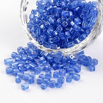 6/0 Cube Transparent Colours Pearl Luster Plated Round Hole Glass Seed Beads, Royal Blue, 3.5~4x2.5~3mm, Hole: 0.5mm, about 5500pcs/450g
