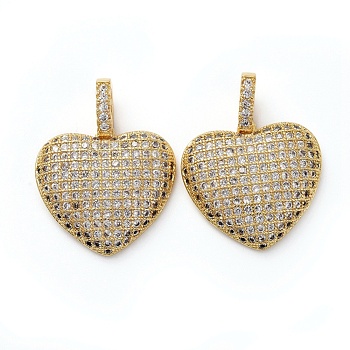 Brass Micro Pave Clear Cubic Zirconia Pendants, Heart, Golden, 17x18x1mm, Hole: 2.5x4mm