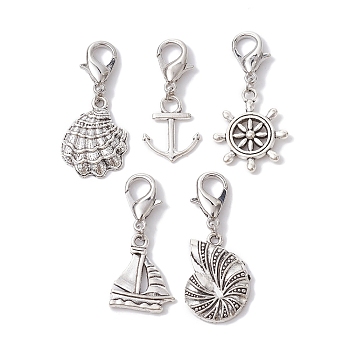Marine Theme Alloy Pendant Decorations, with Lobster Claw Clasps, Shell/Boat/Anchor/Helm/Conch, Antique Silver & Platinum, 35~40mm