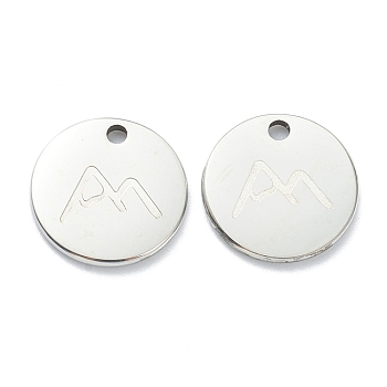 304 Stainless Steel Charms, Flat Round with Mountain, Stainless Steel Color, 11.5x1mm, Hole: 1.5mm