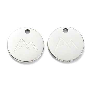 Non-Tarnish 304 Stainless Steel Charms, Flat Round with Mountain, Stainless Steel Color, 11.5x1mm, Hole: 1.5mm