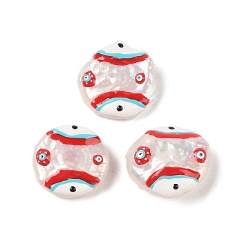 Natural Keshi Pearl Enamel Beads, Hand Drawn Beads, Flat Round with Evil Eye Pattern, FireBrick, 19~21x17~19x6~7mm, Hole: 0.8mm