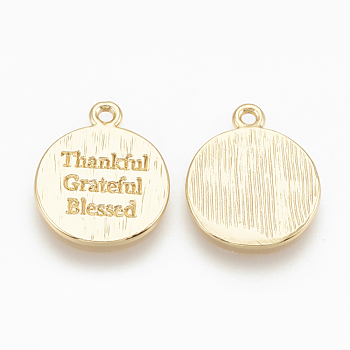 Brass Charms, Flat Round with Thankful Grateful Blessed, Nickel Free, Real 18K Gold Plated, 13x11x1mm, Hole: 1mm