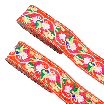 Ethnic Style Polyester Ribbons, Jacquard Ribbon, Flower Pattern, Orange Red, 2 inch(50mm), about 7.66 Yards(7m)/pc