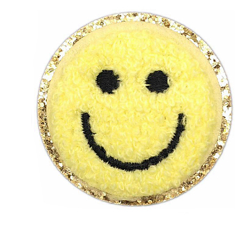 Flat Round with Smiling Face Computerized Towel Embroidery Cloth Iron on/Sew on Patches, Chenille Appliques, Costume Accessories, Light Khaki, 50mm