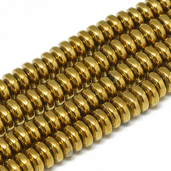 Electroplate Non-magnetic Synthetic Hematite Beads Strands, Heishi Beads, Disc/Flat Round, Golden Plated, 6x2.5mm, Hole: 2mm, about 150pcs/strand, 15.7 inch
