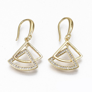 Brass Micro Pave Clear Cubic Zirconia Dangle Earrings, Nickel Free, Fan, Real 18K Gold Plated, 31x15.5mm, Pin: 0.7mm