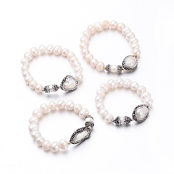 Round Pearl Stretch Bracelets, with Rhinestone and Brass Findings, Mixed Color, 45~54mm, Pearl Bead: 9~11mm thick