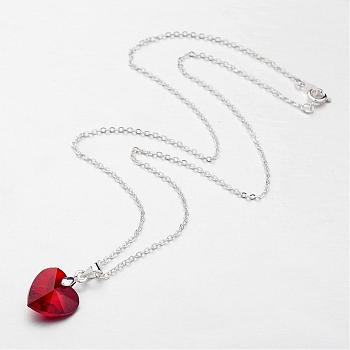 Glass Pendants Necklaces, with Brass Chains, Faceted Heart, Silver Color Plated, Red, 17.7 inch