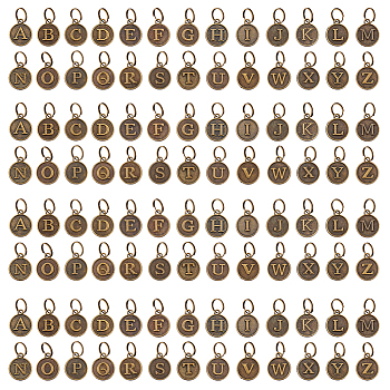 Elite 4Sets Alloy Pendants, with Brass Split Rings, Antique Bronze, Flat Round, Letter A~Z, 14x12x2mm, Ring: 7x0.5mm, 6mm Inner Diameter, 26pcs/set