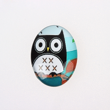 Cartoon Owl Printed Glass Oval Cabochons, Colorful, 40x30x7~9mm