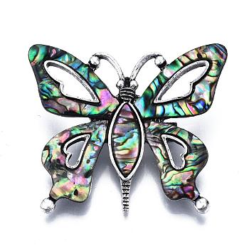 Abalone Shell/Paua Shell Brooches/Pendants, with Alloy Findings and Resin Bottom, Butterfly, Antique Silver, Colorful, 41.5x50mm, Pin: 0.6mm