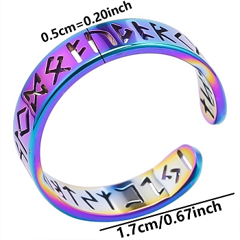 304 Stainless Steel Open Cuff Ring, Elder Futhark Alphabet Lettering Ring, Rainbow Color, Inner Diameter: 17mm