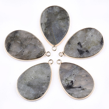 Natural Labradorite Pendants, with Brass Findings, teardrop, Golden, 39x25x3mm, Hole: 2mm