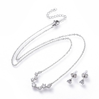 304 Stainless Steel Jewelry Sets, Brass Micro Pave Cubic Zirconia Pendant Necklaces and 304 Stainless Steel Stud Earrings, with Ear Nuts/Earring Back, Twelve Constellations, Clear, Aquarius, 18.3 inch(46.5cm), 5.5x4mm, Pin: 0.8mm