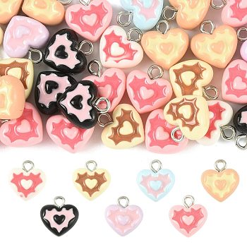 30Pcs Opaque Resin Charms, Heart Charm, with Platinum Tone Iron Loops, Mixed Color, 12~13.5x12~13.5x7.5mm, Hole: 2mm