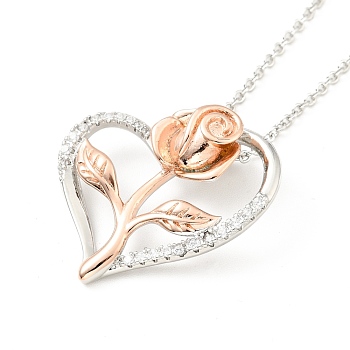 Clear Cubic Zirconia Heart with Rose Pendant Necklace, Two Tone Brass Jewelry for Women, Platinum & Rose Gold, Pedants: 25x24x8.5mm, 15.94 inch(40.5cm)