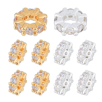 10Pocs 2 Colors Brass Micro Pave Clear Cubic Zirconia Spacer Beads, Flat Round, Mixed Color, 8x2.5mm, Hole: 2.5mm, 5pcs/color