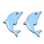 201 Stainless Steel Enamel Pendants, Dolphin, Stainless Steel Color, Light Sky Blue, 17x11.5x1.5mm, Hole: 1.2mm(X-STAS-N088-16G)