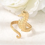 304 Stainless Steel Cuff Open Rings for Women, Sea Horse, Golden, 31mm, Inner Diameter: 20mm(SA-CBA7062-23G)