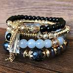 4Pcs 4 Styles Bohemian Style Alloy Glass Round Beaded Stretch Bracelets, Golden, Black, 6-3/4 inch(17cm)(FS-WG80D8B-03)