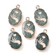 Natural Green Aventurine Oval Pendants, Golden Plated Brass Oval Charms with Hand, 22~22.5x13~13.5x4.5mm, Hole: 1.6~1.8mm(G-C102-07G-05)