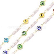 Evil Eye Glass & Brass & ABS Imitation Pearl Handmade Beaded Chains, Long-Lasting Plated, Soldered, with Spool, Colorful, 13~17x3~6.5x2.5~3mm, about 10.93 yards(10m)/roll(CHC-D029-37G-01)